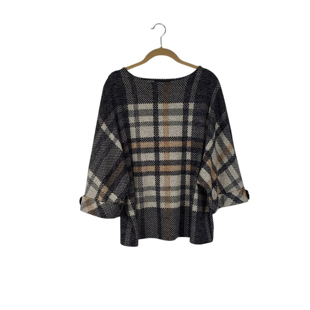 Frank Lyman Design Dolman 3/4 Sleeve Top Gray Camel Plaid Womens Size 16